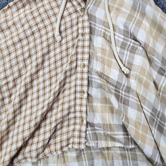 American Eagle Cropped‎ Hooded Multicolor Brown And Tan Flannel Shirt Size Small - Picture 8 of 16